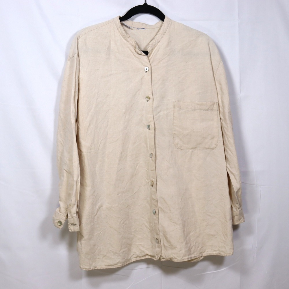Rafaella Linen Button Down 1X Beige Womens Coastal Minimalist Tunic